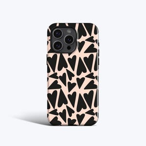 LONG BLACK HEARTS Case | For iPhone 16 Pro Max Case, iPhone 15 Case, iPhone 13 Case, iPhone 14 Case, MagSafe, Heart Pattern, Black, Cream
