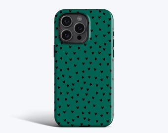 Little Black Hearts, Green Phone Case, For iPhone 17 Air, 16, 16e, 15, 14, 13, 12, 11, MagSafe Option