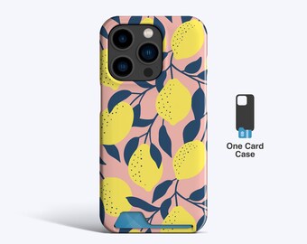 May include: A phone case with a lemon pattern. The case has a pink background with yellow lemons and dark blue leaves. The case has a slot for a card and the text "One Card Case".
