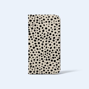 FUNDA PARA TELÉFONO CON BILLETERA ANTIGUA BLANCA / Para modelos iPhone y Galaxy, Tarjetero, Cuero vegano, Acabado satinado, Puntos abstractos