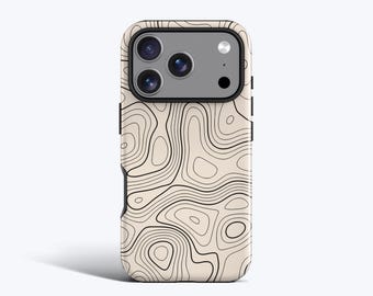 May include: A smartphone case featuring a beige background with a black topographic map line pattern. The case has a rectangular camera cutout at the top, revealing a triple-lens camera system with a flash and a small sensor on a grey panel.