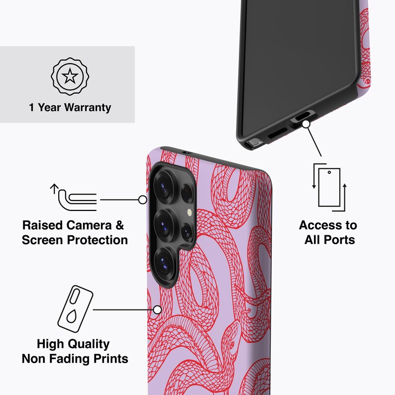 SCARLET SNAKES - For Galaxy S25 Ultra Case, Galaxy S24 feCase, Galaxy S23 Case, Galaxy S22 Case, Snake Pattern, Purple, red image 4