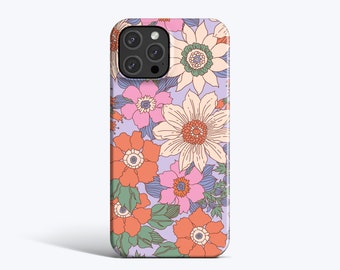 FLEURS RÉTRO | Pour étui iPhone 15 Pro, étui iPhone 12 Pro, étui iPhone 11, étui iPhone XR, plus de modèles disponibles, ambiance années 70, lilas