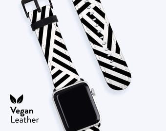 Pulseira BLACK LINES para Apple Watch Series 1, 2, 3, 4, 5, 6, 7, 8, 9, 10, 11 e SE, com design geométrico e feita em couro vegano.
