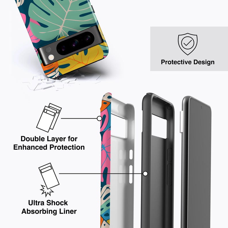 BRIGHT PALMS Phone Case, For Pixel 9 Pro Case, Pixel 8a Case, Pixel 7 Case, Pixel 6 Case, Pixel 5 Case, Large Tropical Leaves, Colourful image 3