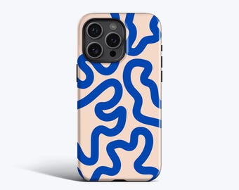 FUNKY LINES BLAUW telefoonhoesje | Golvend organisch abstract ontwerp, voor iPhone 16 Pro Max, 16e, 15 Plus, 14 Pro, 13 mini, 12, 11, MagSafe-optie