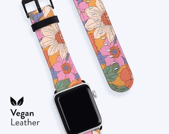 Bracelet de montre FLEURS RÉTRO | Pour Apple Band, Bracelet en cuir végétalien H21, Disponible pour Apple Watch séries 1, 2, 3, 4, 5, 6, 7, 8, 9 SE, été