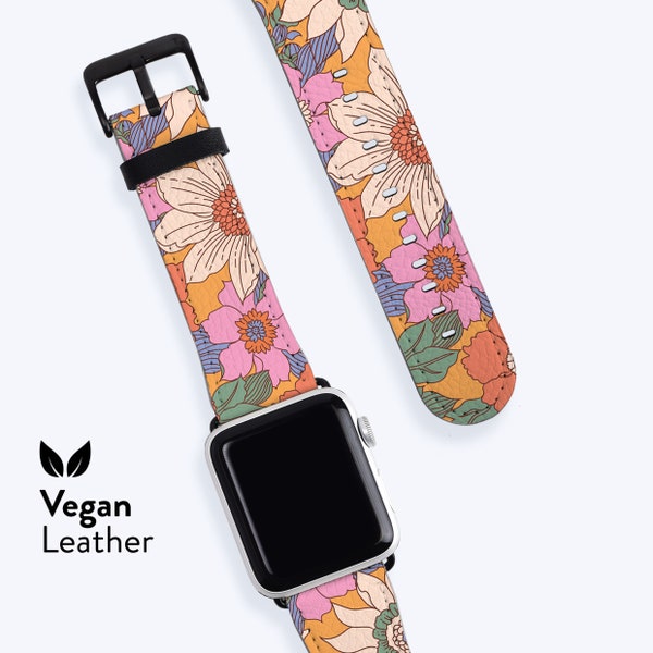 Bracelet de montre FLEURS RÉTRO | Pour Apple Band, Bracelet en cuir végétalien H21, Disponible pour Apple Watch séries 1, 2, 3, 4, 5, 6, 7, 8, 9 SE, été