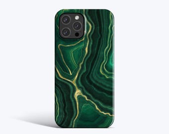May include: A rectangular smartphone case featuring a deep emerald green and dark forest green marbled pattern with flowing, organic gold-coloured veins throughout the surface. The case includes a cutout for a triple-lens camera system.
