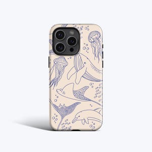 BLAUE SEA LEBEN Handyhülle | Passend für iPhone 16e, 16 Pro Max, 15 Plus, 14, 13 Pro, 12, 11 - Quallen-, Delfin- und Walillustration
