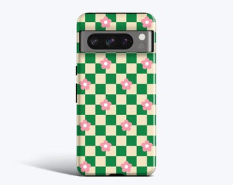 KARO UND BLUMEN Handyhülle | Kariertes Muster, Retro, Für Pixel 9 Pro xl, 9a, 8a, 8 Pro, 7 Pro, 7a, 6 Pro, 6a, Weitere Modelle