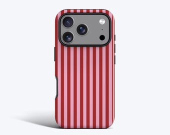 May include: A smartphone case featuring a vertical striped pattern in alternating shades of dark red and light pink. The case includes a rectangular camera cutout at the top, revealing a triple-lens camera system and a flash on the device.