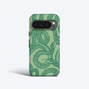 May include: A mobile phone case with a repeating pattern of green snakes on a pale green backdrop. The snakes are intricately detailed with scales and curves. The case has a camera aperture.