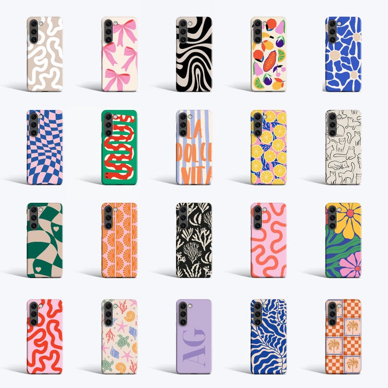 a bunch of cell phones with different designs on them