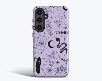 May include: A lavender phone case featuring a repeating pattern of celestial and mystical symbols. The design includes a sun, constellations, a hand, a snake, moons, crystals, feathers, tarot cards, and an eye.