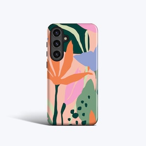 May include: A phone case with a colorful floral design. The case features a pattern of orange, pink, green, and blue abstract shapes resembling leaves and flowers. The case has a camera cutout on the upper left side.