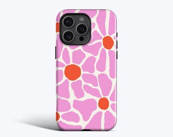 May include: A smartphone case featuring a repeating pattern of stylized flowers with light pink petals and solid orange centers against a cream-colored background. The case has a black camera module cutout at the top left corner.