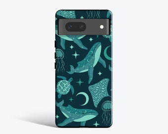 CELESTIAL SEA LIFE Teal Case | For Pixel 8 Case, Pixel 6 Pro Case, Pixel 7 Case, Pixel 4A Case Whales, Turtles, Moon and Stars, Jellyfish