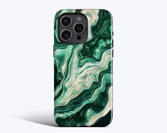 May include: A smartphone case featuring a fluid, marbled pattern in shades of deep forest green, emerald, and white. The design mimics the appearance of swirling liquid paint or stone, covering the entire back surface of the protective phone cover.