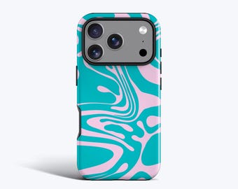 May include: A smartphone case featuring a vibrant teal and light pink marbled swirl pattern. The case has a rectangular cutout at the top for a triple-lens camera system and a flash, with black side buttons visible on the left and right edges.