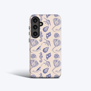 SEA CREATURES Blue Case | For Galaxy S25 Ultra, S24 Plus, S23 fe, S22, S21, S20 fe, More Models, Seahorse, Stingray, Shells