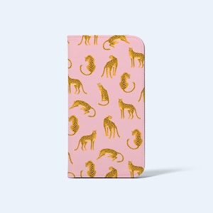 PORTEFEUILLE ROSE À LÉOPARDS | Pour modèles d'iPhone et de galaxie, porte-cartes, cuir végétalien, finition satinée, motif léopard