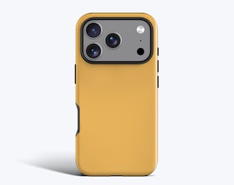May include: A mustard yellow smartphone case featuring a rectangular camera cutout with a grey panel. The case has a black border surrounding the camera module and black side buttons. The design is smooth and covers the back of the device.