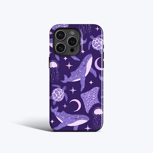 CELESTIAL SEA LIFE paarse hoes | Voor iPhone 15 Pro-hoesje, iPhone 14-hoesje, iPhone 12-hoesje, iPhone 11-hoesje, alle modellen, koraal, schildpad, schelpen