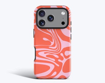 May include: A smartphone case featuring a vibrant, swirling liquid pattern in shades of coral orange and light pink. The design covers the entire back of the case, which includes a rectangular camera cutout with a dark gray frame and three lenses.