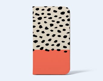 CORAL DOTS WALLET Phone Case | For iPhone and Galaxy Models, Card Holder, Vegan Leather, Satin Finish, Block Colour Abstract Dots