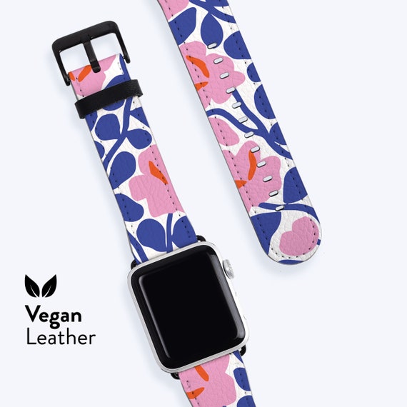 BLUE FLORAL Watch Strap | For Apple Band, Vegan H21 Leather band, Available for Apple watch series 1, 2, 3, 4, 5, 6, 7, 8, 9, 10, SE Flower