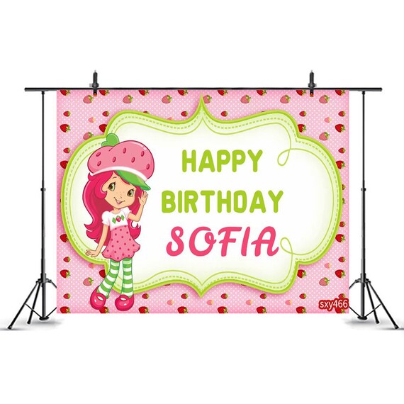 Strawberry Shortcake Pink Photography Backdrop Vinyl 7x5ft Cartoon Baby Girls Sweet Happy Birthday Party Banner Decorations Photo Background Baby Shower Photo Booth Dessert Table Supplies 