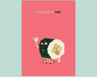 Grappige ansichtkaart Sushi “you’re on a roll”