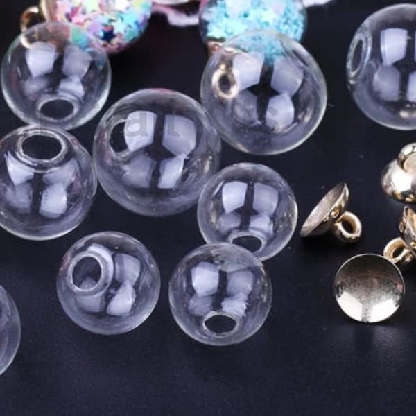 THREE 14mm Empty Glass globes, Ball Glass Orb with plastic caps, Charms, pendants, wish bottles