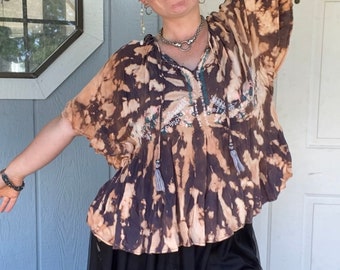 Size Medium Adult Ladies Flowy Ruffle Baby Doll Boho Hippie Blouse Shirt Bleach Reverse Tie Dye Neutral Colors Navy Blue and  Orange