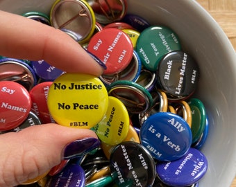 No Justice No Peace BLM Black Lives Matter Yellow and Black One Inch Pinback Badge Button Supporting What the Funk An All POC Burlesque Show