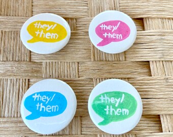 They/Them Color Pronoun Pink Blue Green Yellow Pride Month 1.25 inch Pinback Badge Button Pin LGBTQ Pride Awareness Ally