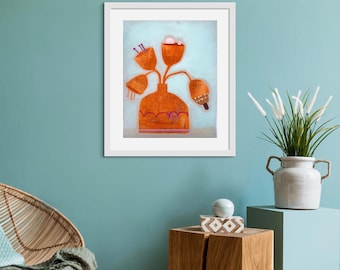 May include: A painting of a vase with orange and pink flowers on a light blue background. The vase is a brown ceramic with a textured surface.