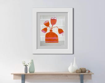 May include: A framed illustration of a vase with pink and orange flowers against a white tiled background.
