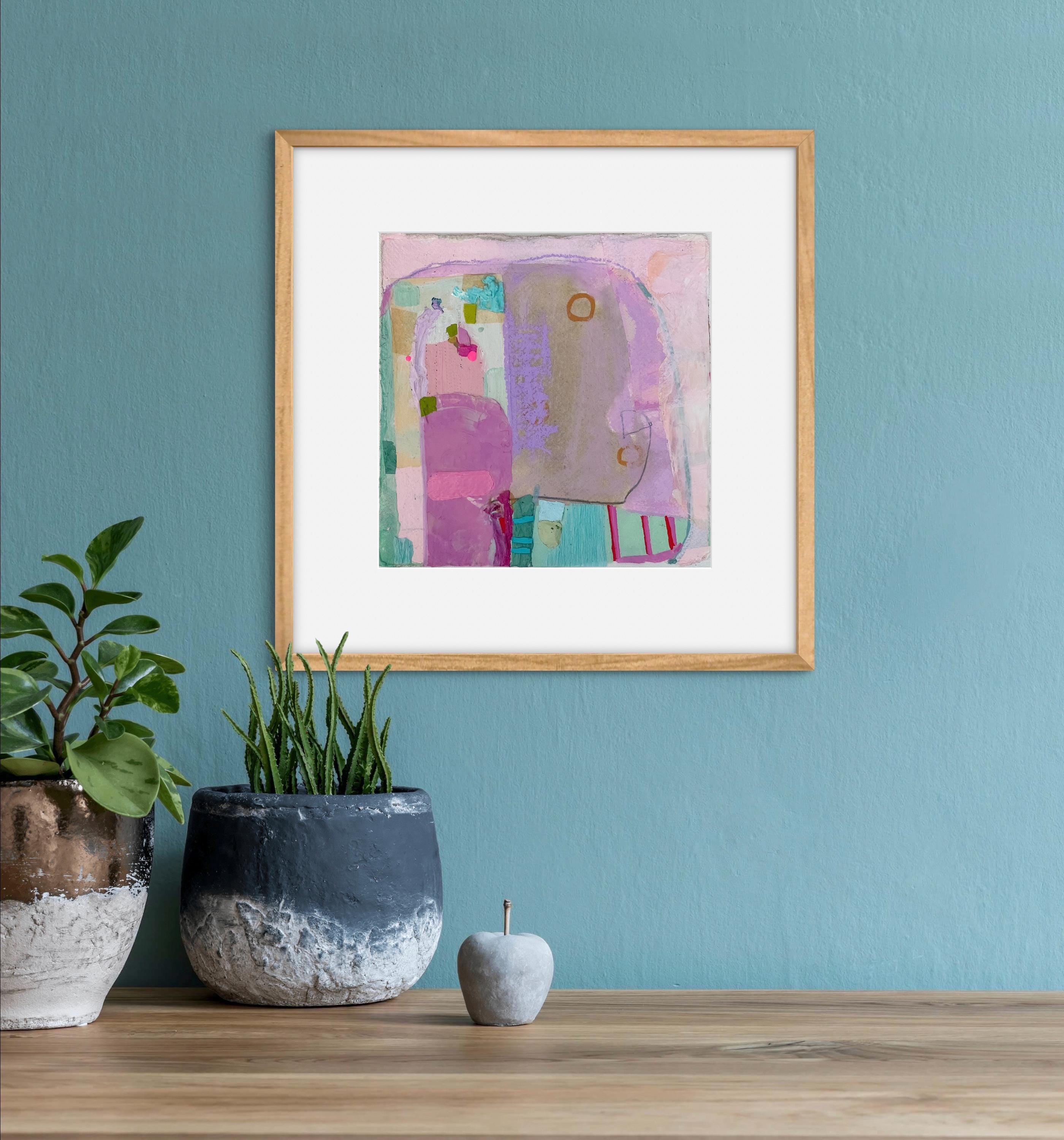 オリジナルミクストメディア抽象画：ピンク＆パープルアート（22 x 22