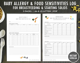 Bebé amamantando Sensibilidades alimentarias Rastreador de alergias Registro imprimible / Primeros alimentos del bebé / Diario de alimentos para bebés / Rastreador de alérgenos / Digital