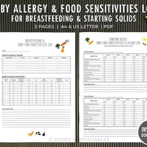 Baby Breastfeeding Food Sensitivities Allergy Tracker Printable Log / Baby's First Foods / Baby Food Diary / Allergen Tracker / Digital