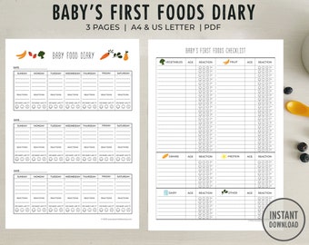 Baby Food Diary Printable / Digital Download / Instant Download Baby Food Log / Baby First Foods / Introducing Solids