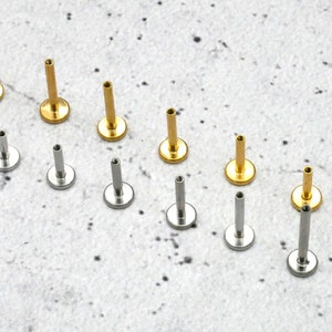 May include: A set of 10 gold and silver body jewellery pieces. The jewellery is in the shape of a small stud with a flat base and a short, straight post. The jewellery is arranged in two rows on a white surface.