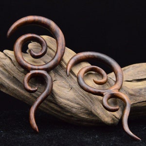 May include: Two wooden spiral ear gauges, one brown and one reddish brown, with intricate swirling designs. The gauges are displayed on a piece of driftwood.