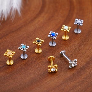Può includere: Otto stili diversi di gioielli per il corpo in oro e argento con piccole pietre preziose colorate. Ogni pezzo presenta un piccolo design floreale decorativo.