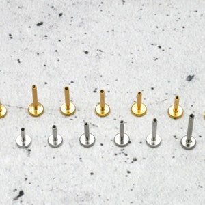 May include: A set of 12 body jewellery pieces, including 6 gold and 6 silver labret studs. The studs are arranged in two rows, with the gold studs on top and the silver studs on the bottom. The studs are all different sizes, with the largest studs on the left and the smallest studs on the right.