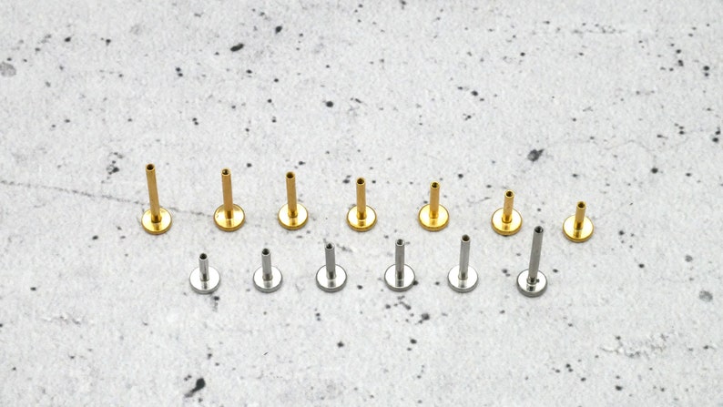 May include: A set of 12 body jewellery pieces, including 6 gold and 6 silver labret studs. The studs are arranged in two rows, with the gold studs on top and the silver studs on the bottom. The studs are all different sizes, with the largest studs on the left and the smallest studs on the right.