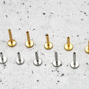 May include: A set of 12 body jewellery pieces, including 6 gold and 6 silver labret studs. The studs are different sizes and are arranged in two rows on a grey textured surface.