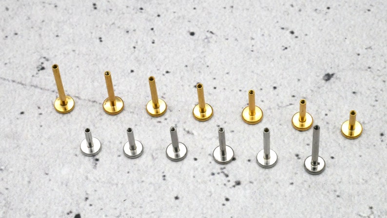 May include: A set of 12 body jewellery pieces, including 6 gold and 6 silver labret studs. The studs are different sizes and are arranged in two rows on a grey textured surface.